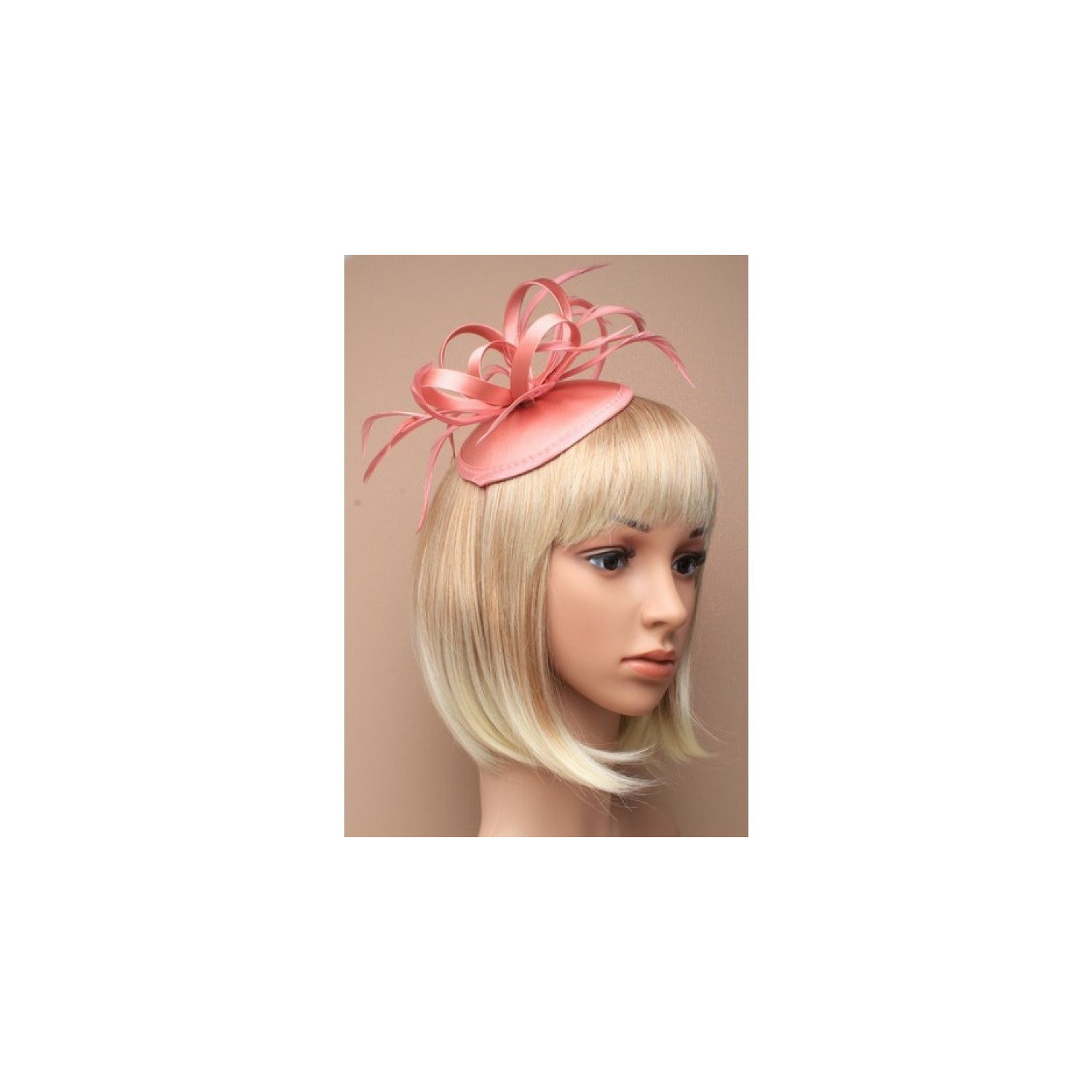 Fascinator Headband - Rose pink satin based hatinator on a narrow ribbon wrapped alice band headband