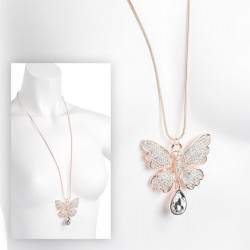 Necklace - Rose gold colour crystal butterfly design -...