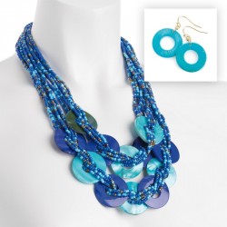 Necklace & Earring set - Two row blue tone bead -...