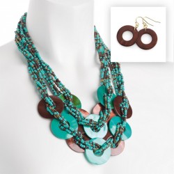 Necklace & Earring set - Two row green and brown shell...