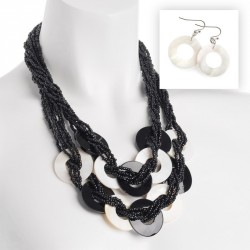 Necklace & Earring set - Two row black and white shell...
