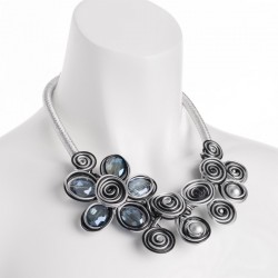Necklace - Silver, black and blue colour wire flower...