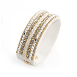 Bracelet - Gold colour crystal white suede effect stud...
