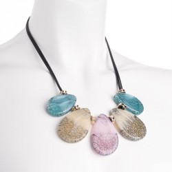 Necklace - Three row gold colour marble effect black cord...