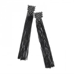 Earrings - Black enamel crystal chain drop earring. -...