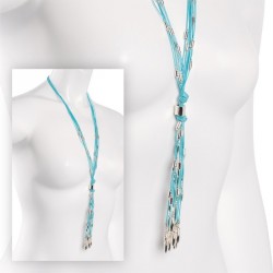 Necklace - Six row silver colour bead and blue cord...