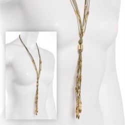 Necklace - Six row gold colour green cord bead tassel...