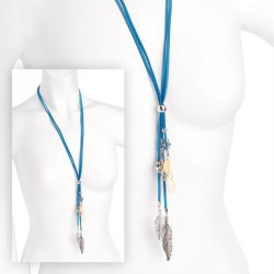 Necklace - Two row blue cord shiny rhodium colour shell...