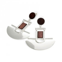 Earring - Silver colour wood effect drop earring. -...