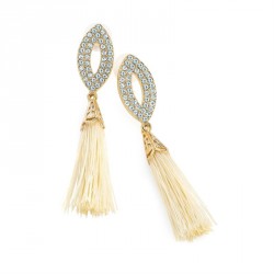 Earring - Gold colour crystal cream colour thread tassel...