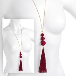 Necklace - Gold colour burgundy thread tassel ball drop...
