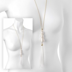 Necklace - Gold colour white thread ball design tassel...