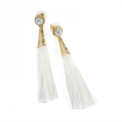 Earring - Gold colour crystal white thread tassel...
