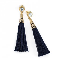 Earring - Gold colour crystal navy blue thread tassel...
