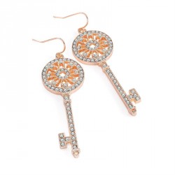 Earring - Rose gold colour crystal key design drop...