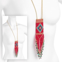 Necklace - Coral and turquoise colour tribal look tassel...