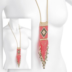 Necklace - Peach and gold tone colour tribal look seed...