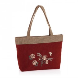 Bag - Red and beige tone colour flower design bag. -...