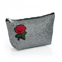 Bag - Black and silver glitter rose flower design make up...
