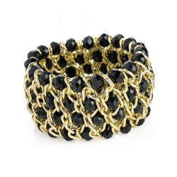 Bracelet - Gold colour and black glass bead elasticated...