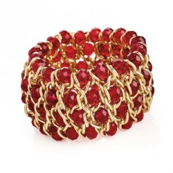 Bracelet - Gold colour red glass bead elasticated...