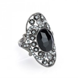 Ring - Hematite colour crystal and black glass bead oval...