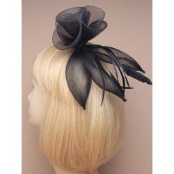 Fascinator Comb - Flower and feather coiled mesh black...