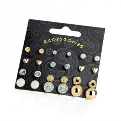 Earring set - Twelve pairs gold, cream pearl and crystal...