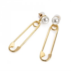 Earring - Gold and cream pearl colour safety pin design...