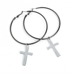 Earring - Hematite and silver colour hoop cross earrings....