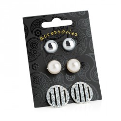 Earring set - Three pairs silver colour crystal and cream...