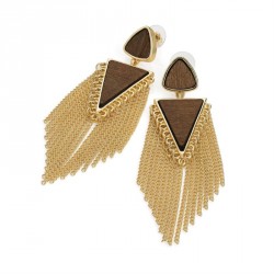 Earring - Gold colour wood effect chain tassel earrings....