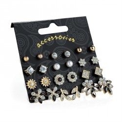 Earring set - 12 pairs gold, crystal, cream pearl and...
