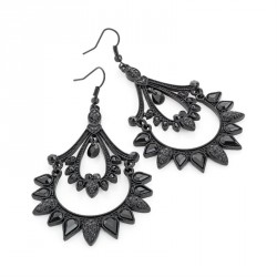 Earring - Black enamel and black bead drop earrings. -...
