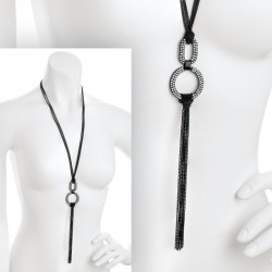 Necklace - Black enamel crystal chain drop tassel...