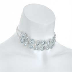 Necklace - Silver colour crystal choker necklace. - (N31352)