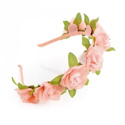 Hairband - Peach colour flower headband with green leaf....