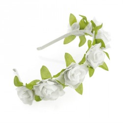 Hairband - White flower headband with green leaf. -...