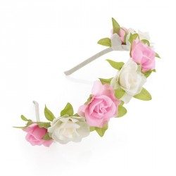 Hairband - Cream and pink flower headband with green...