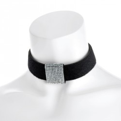 Necklace - Rhodium colour black velvet look crystal...