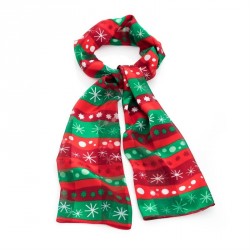Scarf - Red and green tone snowflake print satin stripe...