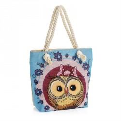 Bag - Blue and pink tone owl design rope handle bag. -...