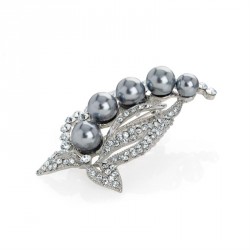 Brooch - Rhodium colour crystal grey pearl effect leaf...