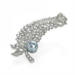 Brooch - Rhodium colour crystal grey pearl effect leaf...