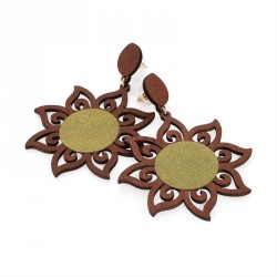 Earring - Gold colour wood effect glitter sun burst...