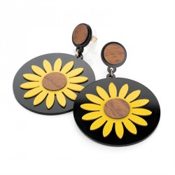 Earring - Gold colour wood effect yellow flower black...
