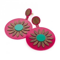 Earring - Gold colour wood effect fuchsia and turquoise...