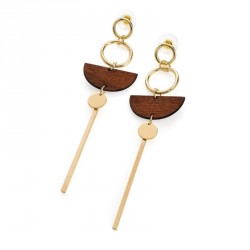 Earring - Gold colour brown wood effect drop earrings. -...