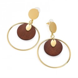 Earring - Gold colour wood effect round drop post...