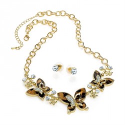 Necklace & Earring set - Gold colour crystal brown shell...